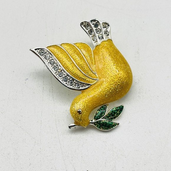 Roman Golden Dove Pin Silver Tone Rhinestone Accents Olive Branch Ark Faith - Picture 4 of 7